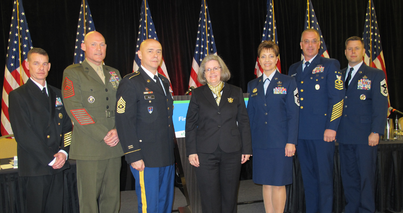 Military Senior Enlisted Leaders who participated in a Financial Fitness Forum panel to provide insight linking financial fitness to mission readiness.